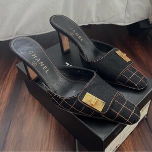 Chanel black denim re-issue style mules